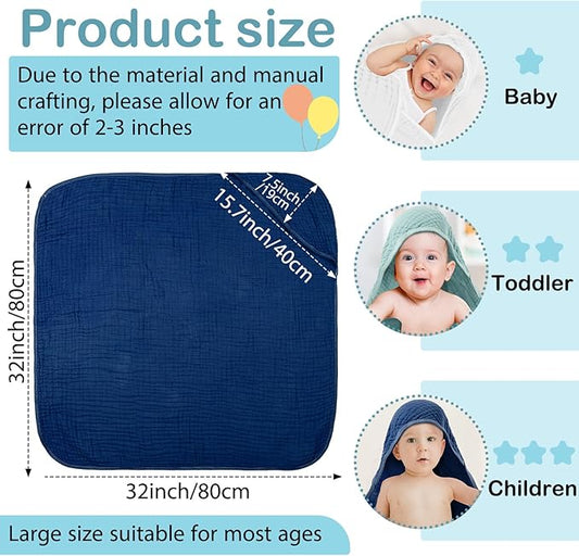 Peryiter 4 Pcs Muslin Hooded Baby Towels, 32x 32'' Cotton Newborn Bath Towel Muslin Infant Baby Blankets Absorbent Unisex Christmas Registry Gift Essentials for Girls Boys (Blue Series)