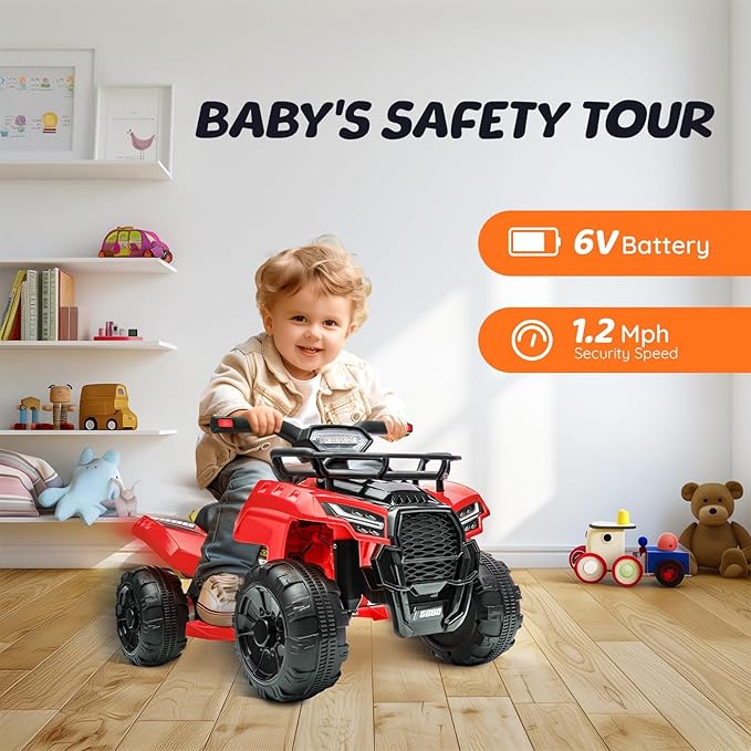 ATV for Kids, 6V Battery Powered Toddler 4 Wheeler w/Music, Light, 1.2mph Max Speed, Kids ATV 4 Wheeler for Toddlers Aged 1.5-3 Years Old, Red