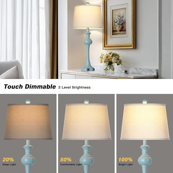 Cinyirong 29" Coastal Table Lamp Set of 2, 3-Way Dimmable Touch-Control Bedside Lamps with USB-A+C Ports, Vintage Farmhouse Nightstand Lamps for Bedroom, Retro Blue (Includes 2 LED Bulbs)