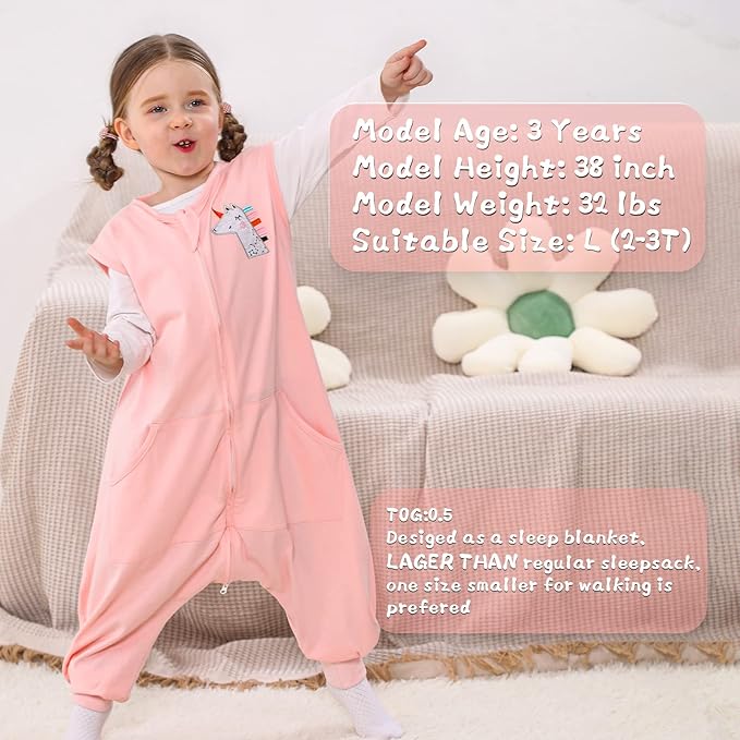 WONDAY Toddler Sleep Sack with Feet, 0.5 Tog Sleeping Sacks for Walking with Legs 2T 3T