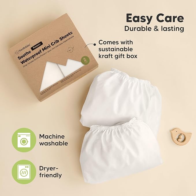 2 Pack and Play Sheets, Waterproof Mini Crib Sheets Fitted - 38x26 Organic Cotton Pack N Play Sheets for Graco Pack and Play Mattress, Playard Baby Crib Sheets,Neutral for Boy,Girl,Toddler(Soft White)