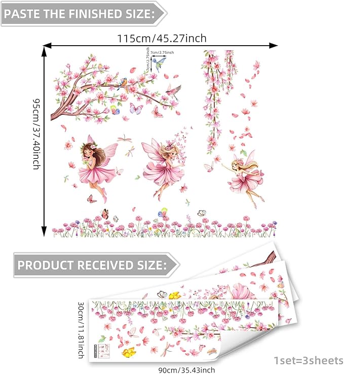 CharmFlo Pink Fairy Garden Wall Decals with Cherry Blossom Tree Floral Wall Stickers Peel and Stick Butterflies Birds DIY Wall Art for Girls Bedroom Baby Nursery Kids Room