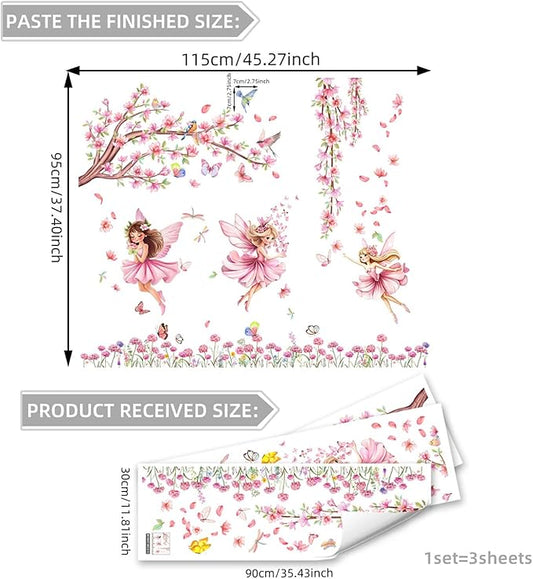 CharmFlo Pink Fairy Garden Wall Decals with Cherry Blossom Tree Floral Wall Stickers Peel and Stick Butterflies Birds DIY Wall Art for Girls Bedroom Baby Nursery Kids Room
