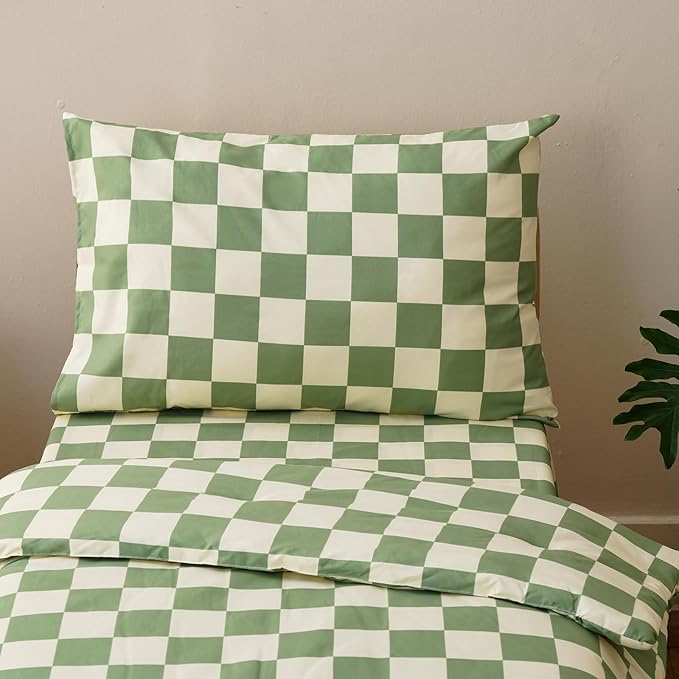 KAREVER Grid Toddler Bedding Set Green White Checkered 4 Pieces Crib Bed Set Kids Pliad Comforter Set