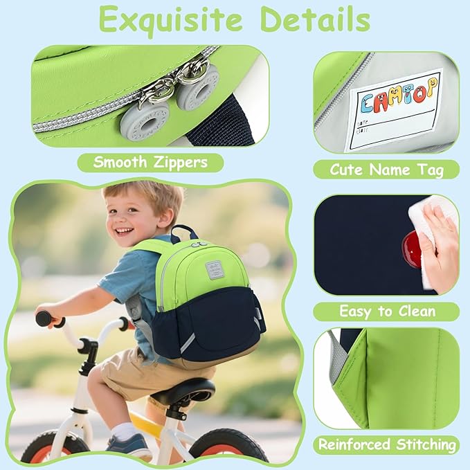 CAMTOP Toddler Backpack for Boys Girls 2-4, Kids Backpacks for Kindergarten Preschool, 12" H Small Bookbag for Daycare Travel (Green & Blue & Brown, 12''- Not fit A4 folder)