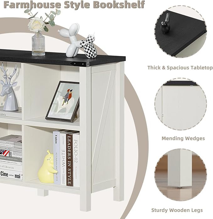 Joaxswe 8 Cube Book Shelf, Farmhouse Wood Long Storage Organizer Bookcase, 62" Horizontal Antique White & Black Console Bookshelf, Kids Toy Storage Cabinet, Modern Open Book Case for Playroom, Office