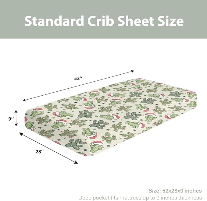 Christmas Cactus Santa Hat Baby Crib Sheets for Boy Girl 52x28Inch Green Cactus Balls Snowflakes Soft Snug Fitted Crib Mattress Cover West Desert Plant Baby Sheet for Standard Crib & Toddler Mattress