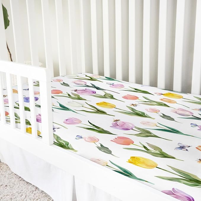 Watercolor Tulips Bees Butterflies Baby Crib Mattress Sheet 52''x28'' Boho Spring Floral Stretchy Fitted Crib Mattress Sheet for Boy Girl Wild Flower Soft Bed Sheet for Standard Crib Toddler Mattress
