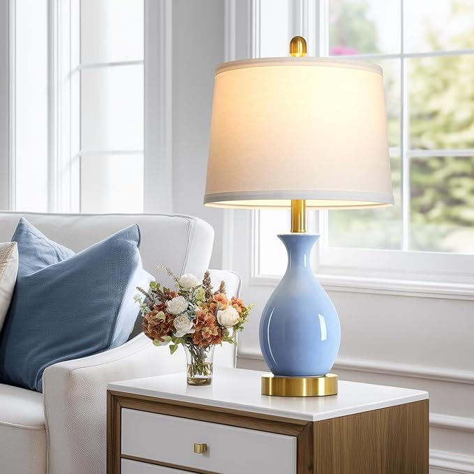 luxeflow 24″ Light Blue Ceramic Table Lamps Set of 2, Modern Classic Bedside Lamps for Bedroom Nightstand, Small Table Lamp for Living Room Side Table (2 LED Bulbs Included)