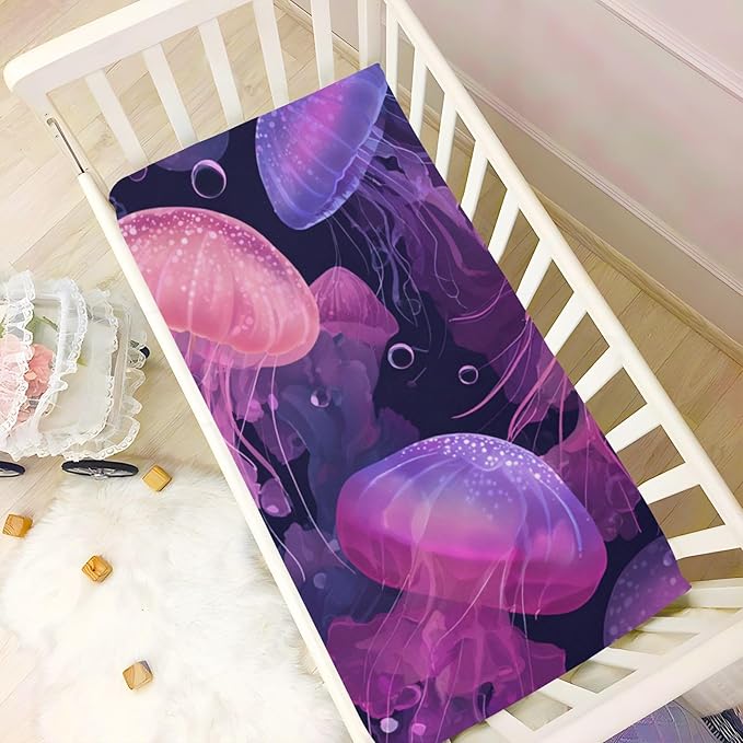 Jellyfishes and Bubbles Pink Crib Sheets Standard Crib Toddler Mattresses Cover Fitted Baby Bed Sheet Breathable Crib Mattress Sheet for Girls Boys 52" x 28"x5''