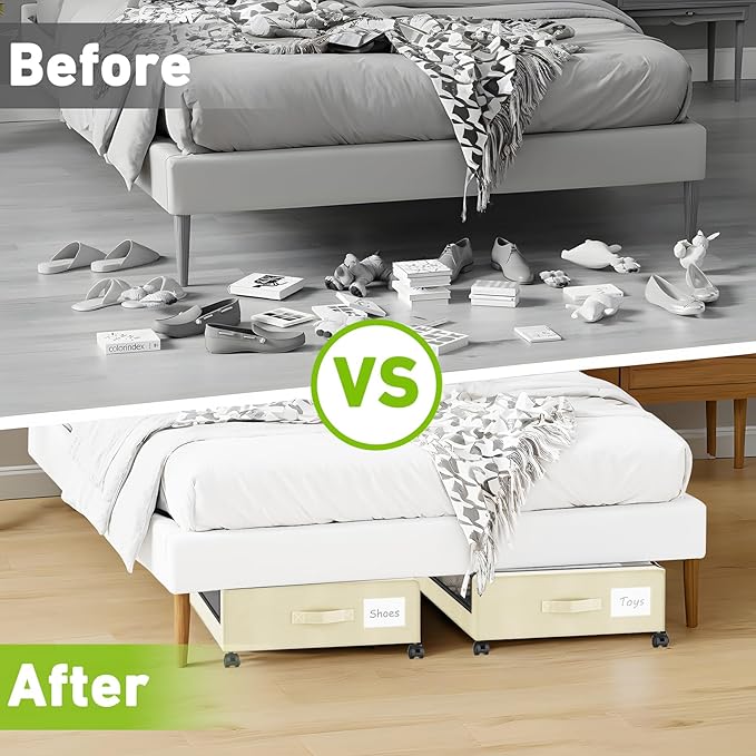 Molutsody Under Bed Storage with Wheels, 4-Pack UnderBed Storage Containers with Clear Lids, Under Bed Shoe Storage Organizer, Rolling Under Bed Storage for Clothes Shoes Blankets (Beige)