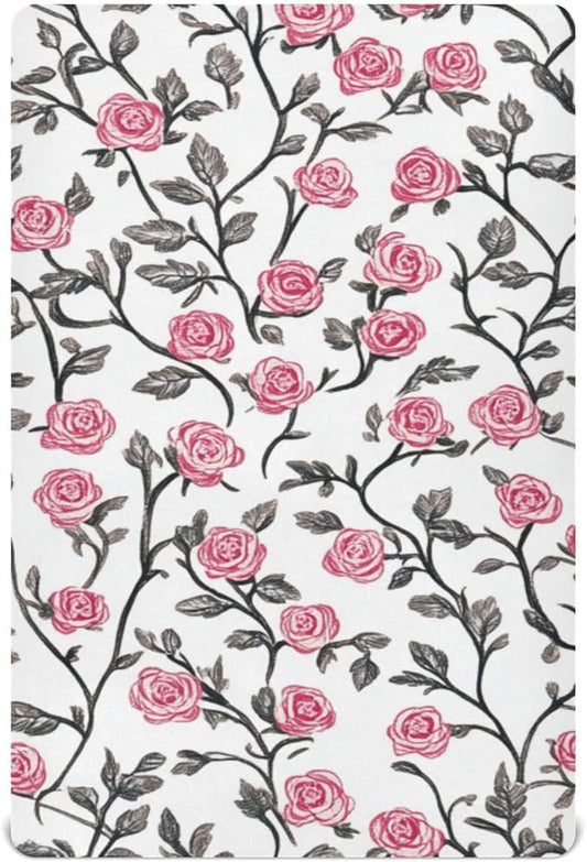 White Pink Rose Crib Sheets Standard Crib Toddler Mattresses Cover Fitted Baby Bed Sheet Breathable Crib Mattress Sheet for Girls Boys 39''x27''x9''
