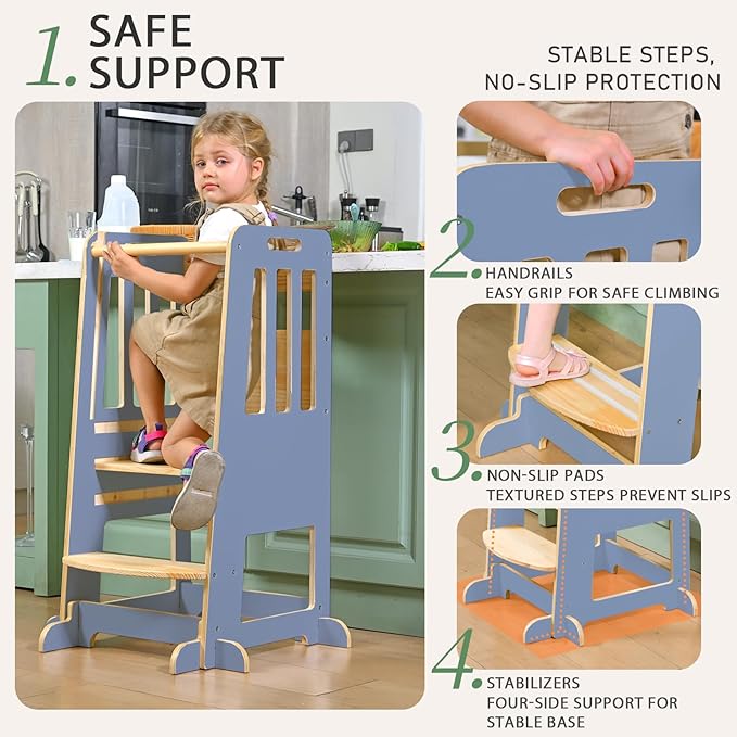 WINGYZ Toddler Tower – Adjustable Step Stool Helper for Kids 18M–6Y, Kitchen Learning Stool with Safety Rail, 3-Height Adjustable, Sliding Door, Full Support Foot, Wooden Updated Design, Light Blue