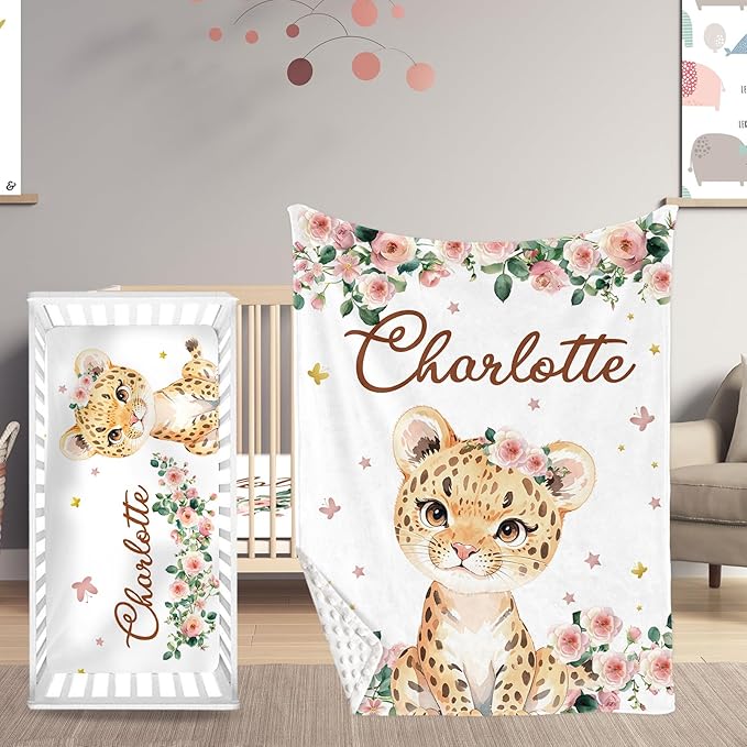 Yellow Lion Theme Personalized Crib Bedding Set - 2 Piece Custom Name Crib Set with Blanket and Crib Sheet for Infant, Crib Set for Newborns Infant, Soft and Cozy
