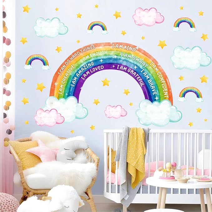 Colorful Rainbow Wall Stickers Inspirational Wall Decal for Kids Boys Girls Bedroom Watercolor Rainbow Walls Decal Peel and Stick Positive Cloud Vinyl Art Murals for Toddler Baby Room Playroom Nursery