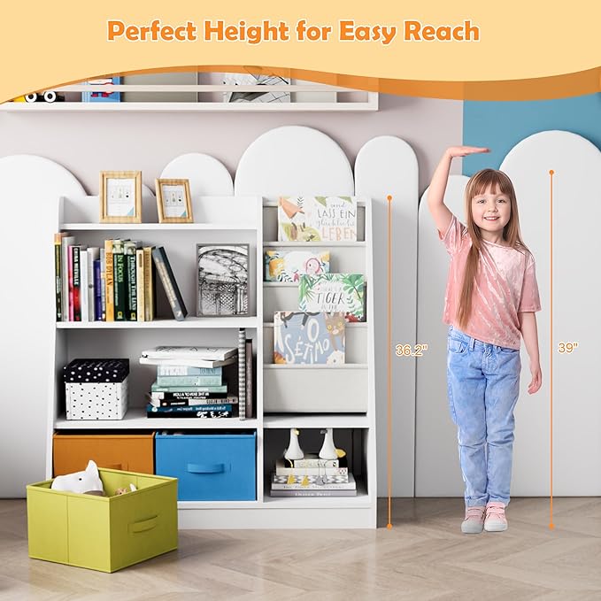 HedoAjim Kids Bookshelf Wood Montessori Toy Storage Organizer Cabinet Shelf Child Bookcase Toddler Baby Sling Book Rack 3 Cube Bin Fabric Drawers for Playroom Bedroom Nursery School