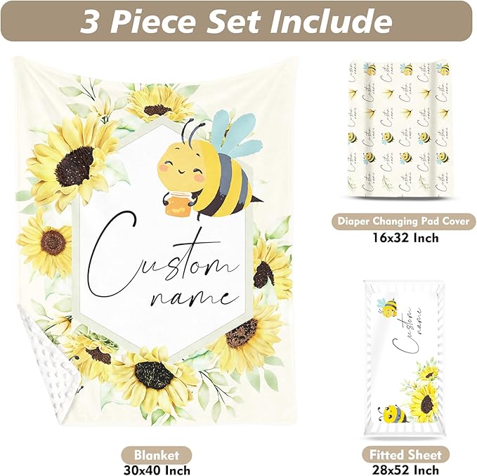 Custom Name Crib Bedding Set 3-Piece – Yellow Bee Design Baby Bedding Set with Personalized Soft Blanket, Fitted Sheet, Changing Pad Cover – Ideal Newborn Gift for Boys and Girls