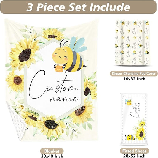 Custom Name Crib Bedding Set 3-Piece – Yellow Bee Design Baby Bedding Set with Personalized Soft Blanket, Fitted Sheet, Changing Pad Cover – Ideal Newborn Gift for Boys and Girls