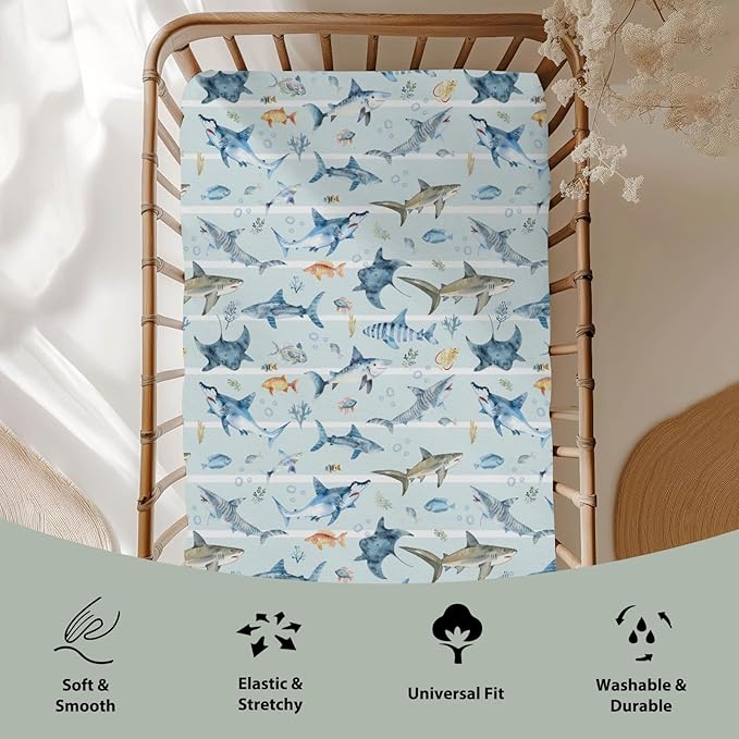 Blue Sharks Baby Crib Sheets for Boy Girl 28"x52" Sea Animals Shark Striped Corals Soft Snug Fitted Crib Mattress Covers Nautical Sharks Baby Sheet for Standard Crib and Toddler Bed Mattress