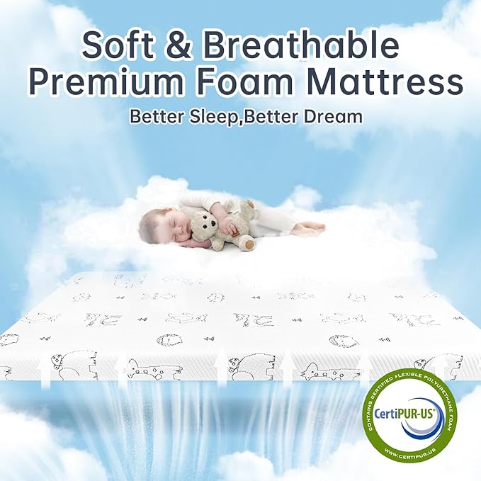 Pack and Play Mattress Pad, 38"x26" Dual-Sided Firmness Memory Foam Pack N Play Mattresses, Portable Baby Thick Mattress for Pack n Play with Removable Animal Cover