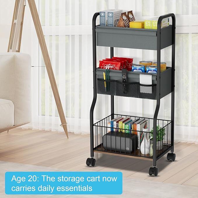 NEYCIL 3-tier Baby Diaper Caddy Organizer and Storage Cart with 4+3 Dividers, Metal Utility Cart with Lockable Wheels for Nursery, Bedroom, Bathroom, Black