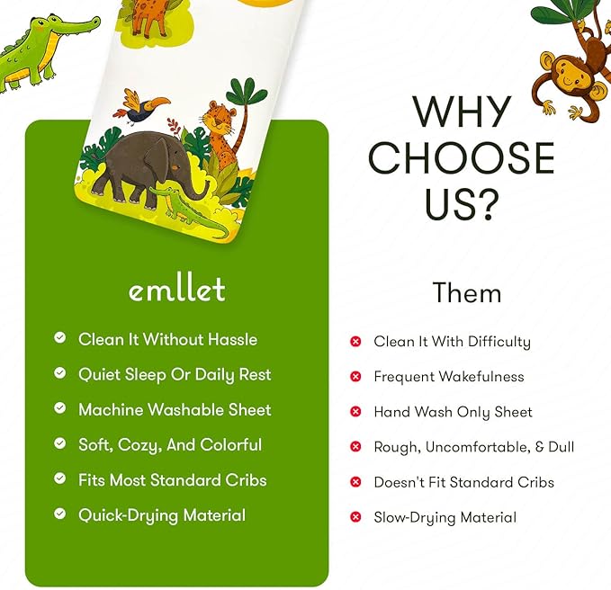 100% Cotton Crib Sheet – “Safari Friends” Jungle Animals Theme, Cute Breathable Bedding for Babies, Fits Standard Crib 52x28 Inches