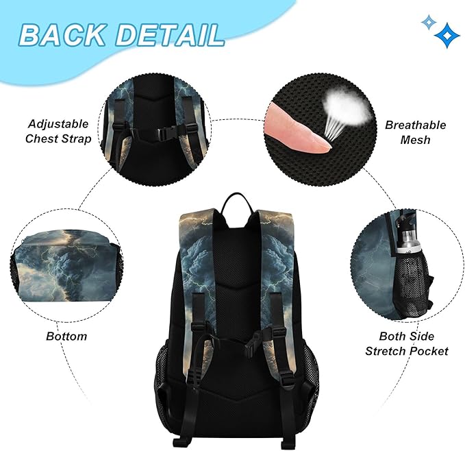 Jucciaco Lightning Tornado Grey Backpack with Lunch Bag, School Travel Backpack for Teens Boys Girls Backpacks Set