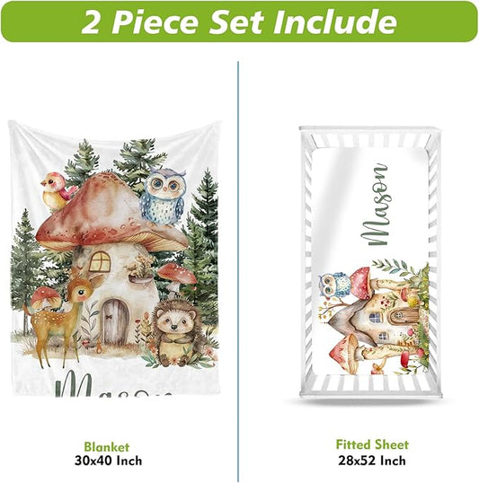 Personalized Baby Crib Bedding Set, Custom Name Mushroom House Baby Bedding 2-Pcs Set - Soft Double Layer Dotted Blanket and Fitted Sheet, Nursery Bedding for Newborn Boys Girls, Perfect Shower Gift