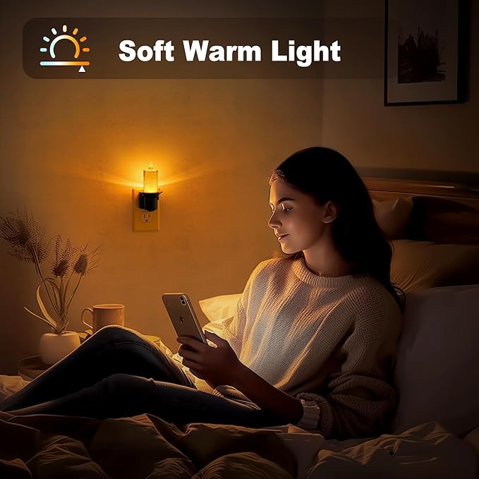JandCase Night Lights Plug into Wall, 2 Pack Flameless Candle Night Light, 2000K Amber, Dusk to Dawn Sensor Nightlight, 0-100LM Dimmable Nightlight for Dinning Room, Living Room, Bathroom, Hallway