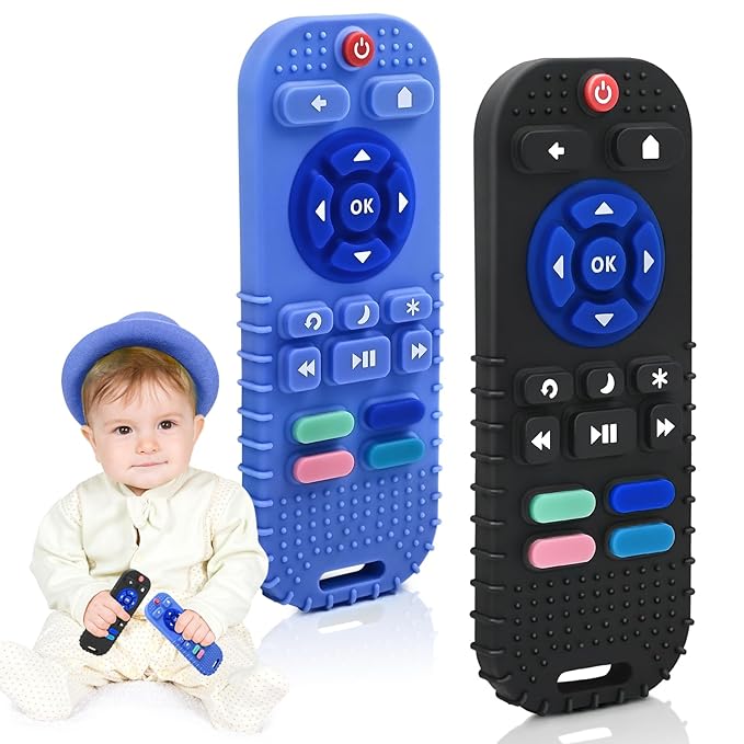 AiTuiTui Teething Relief Teethers Toys for Babies 3 6 9 12 Months Gifts, Silicone Sensory Remote Control Baby Teether Toy for Babies Newborn Infant Boy Girl Autism Toys, Blue & Black