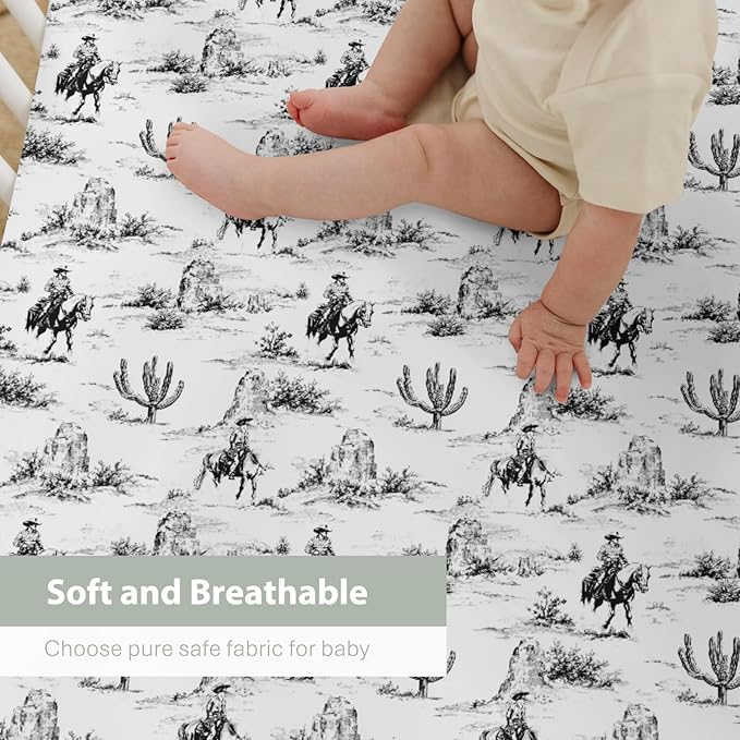 Vintage Western Cowboy Baby Crib Sheets for Boy Girl 28"x52" Retro Cowboy Horse Cactus Soft Stretchy Fitted Crib Mattress Cover Wild Desert Baby Sheet for Standard Crib & Toddler Mattress Pads