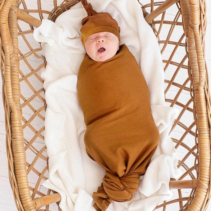iEvolve Cotton Knitted Baby Swaddle Blanket with Hat Headband Set Newborn Swaddle Wrap Receiving Blankets for Baby Girl Boy 45" x 45"(OliverGreen)