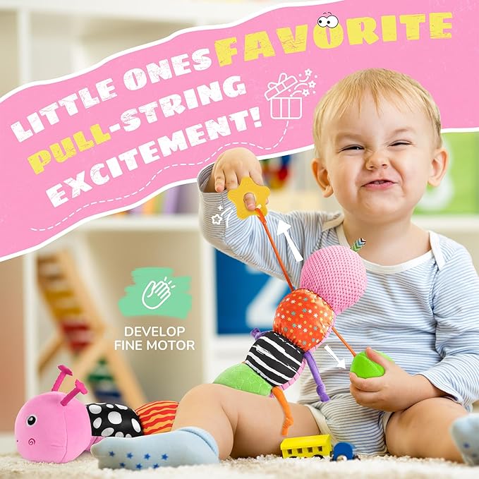 Baby Toys 6-12 Months Music Caterpillar,Stuffed Animals Infant Toys 0-3-6 Months,Teething Sensory Toys Tummy Time with Mirror Crinkle Rattle&Pull String for Boys Girls Gifts Birthday|Pink