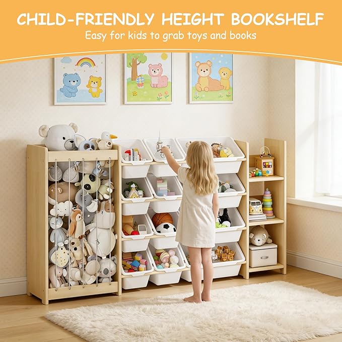 EXPERLAM 3-in-1 Toy Storage Organizer, Stuffed Animal Holder & 3-Tier Bookcase, Solid Wood Toy Organizer with 12 Storage Bins, Space-Saving Toy & Book Shelf for Kids Rooms, Bedroom, Playroom, White