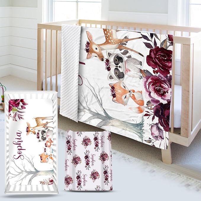 Custom Name Crib Bedding Set 3-Piece – Rose Animal Design Baby Bedding Set with Personalized Soft Blanket, Fitted Sheet, Changing Pad Cover – Ideal Newborn Gift for Boys and Girls