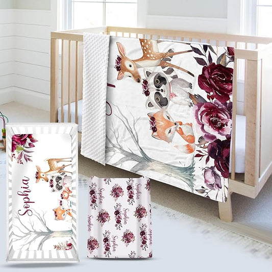 Custom Name Crib Bedding Set 3-Piece – Rose Animal Design Baby Bedding Set with Personalized Soft Blanket, Fitted Sheet, Changing Pad Cover – Ideal Newborn Gift for Boys and Girls