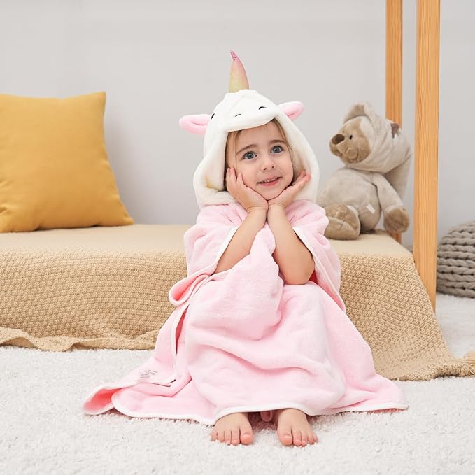 PINNKKU 3D Unicorn Hooded Towel, Ultrasoft & Absorbent Bath Towel for Babies, Infant, Toddler and Kids, Beach Poncho Towels, Gifts for Girl 28" x 55" (Pink)