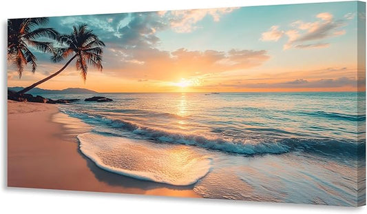 KUNHAAH Wall Art Canvas Painting Sunset Beach and Palm Trees 1 Piece Sea Coast Golden Sun Ocean View Picture Poster Print Framed and Stretched Ready to Hang for Living Room Bedroom