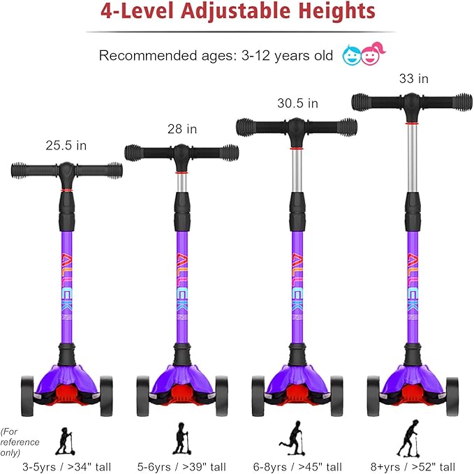 Allek Kick Scooter B02, Lean 'N Glide Scooter with Extra Wide PU Light-Up Wheels and 4 Adjustable Heights for Children from 3-12yrs (Purple)