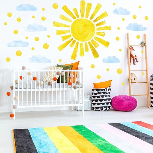 Eutecado Large Sun Wall Decals Cloud Polka Dots Wall Stickers for Girls Room, 12 Sheets Watercolor Sun Wall Decor Stickers Cute Cloud Wallpaper Delicate Decorations for Kids Room Bedroom