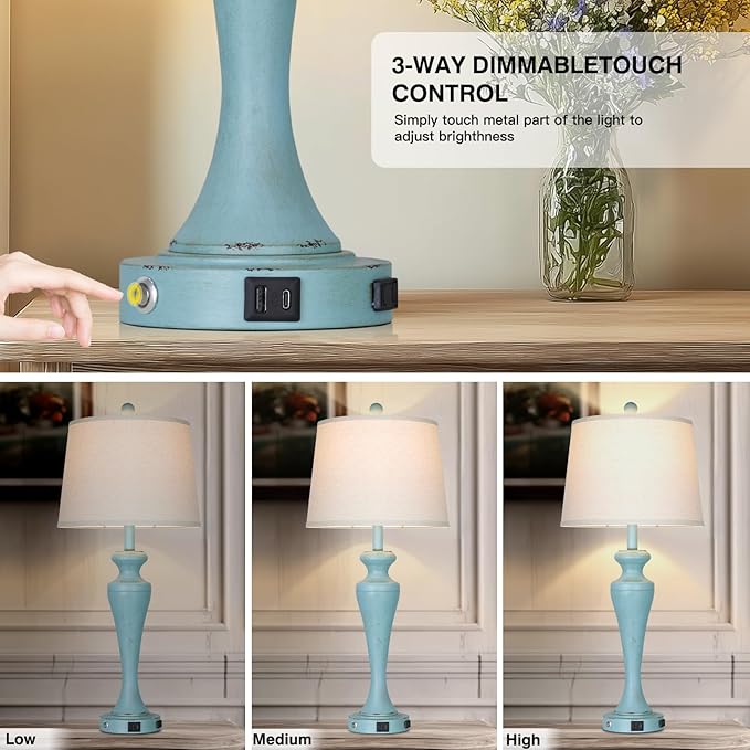 luxeflow 30" Blue Table Lamps Set of 2, Touch Control Coastal Living Room Lamp with USB A+C Ports and AC Outlet, 3-Way Bedside Lamps for Nightstand, Vintage Farmhouse Bedroom Lamp, 2 Bulbs Included