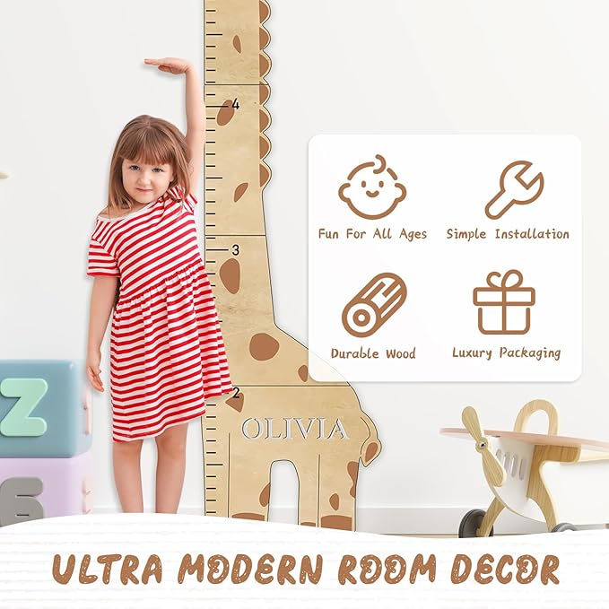Woodemon Personalized Name Children's Height Measurement Chart for Wall – Giraffe Kids Growth Chart Ruler, Nursery & Playroom Wall Decor 62.8" x 20.1"