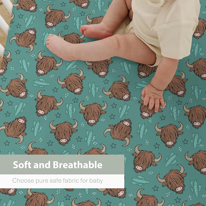 Western Highland Cows Baby Crib Sheets for Boy Girl 28"x52" Boho Cows Green Cactus Stars Soft Snug Fitted Crib Mattress Cover Highland Yak Cattle Baby Sheet for Standard Crib & Toddler Bed Mattress