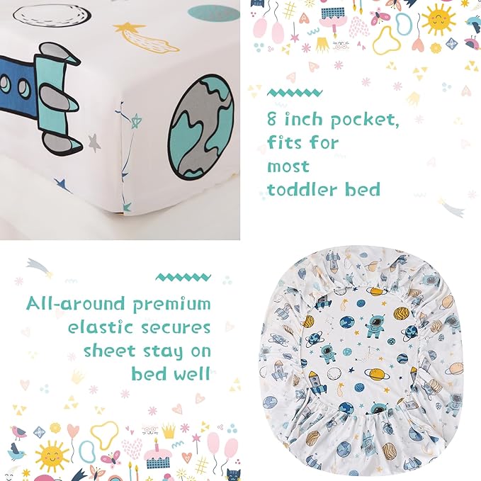 JSD Blue Astronaut Toddler Bedding Set, 4 Piece Space Theme Rocket Bed-in-a-Bag Toddler Comforter Sheet Set, Machine Washable
