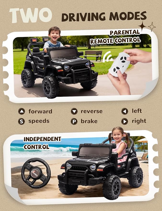 Ride on Car, 12V Kids' Electric Vehicles W/Parents Control, Ride on Toys for Toddlers with Music, Bluetooth, Four-Wheels Suspension, USB, Headlights, Black