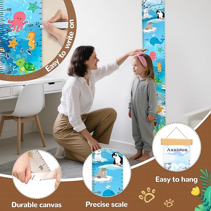 Personalized Name Height Chart for Kids, Canvas Ocean Animals Growth Chart for Wall Removable, Nursery and Playroom Wall Decor, Growth Chart for Boys Girls, Customized Gifts for Kids