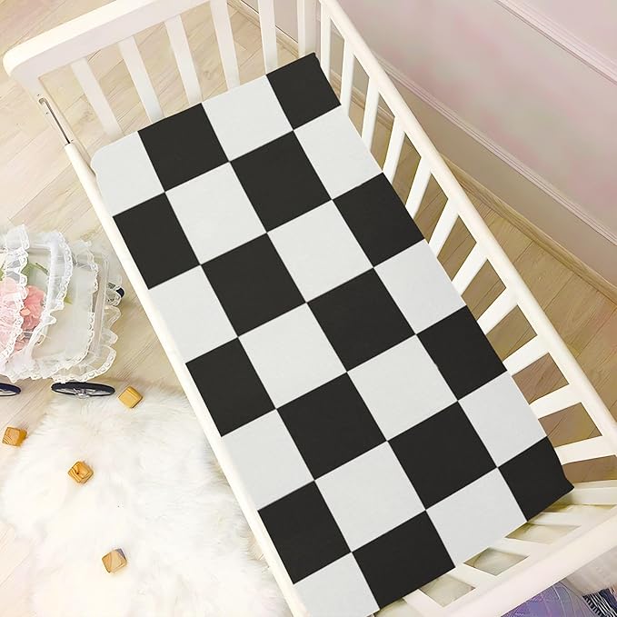 Checkered Black Crib Sheets Standard Crib Toddler Mattresses Cover Fitted Baby Bed Sheet Breathable Crib Mattress Sheet for Girls Boys 39''x27''x9''