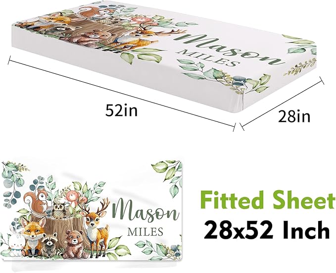 Personalized Crib Bedding Set for Boys Girls, Custom Baby Crib Sets with Name, Animal Stump Design Nursery Bedding 2 Piece - Soft Blanket with Double Layer Dotted Backing, Crib Fitted Sheet