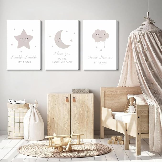 Framed Nursery Wall Art Beige Boho Moon Stars Cloud Canvas Wall Decor Neutral Nordic Baby Gentle and Sweet Cartoon Pictures Prints Posters for Boys Girls Bedroom Kids Room Ready To Hang 16x24inx3