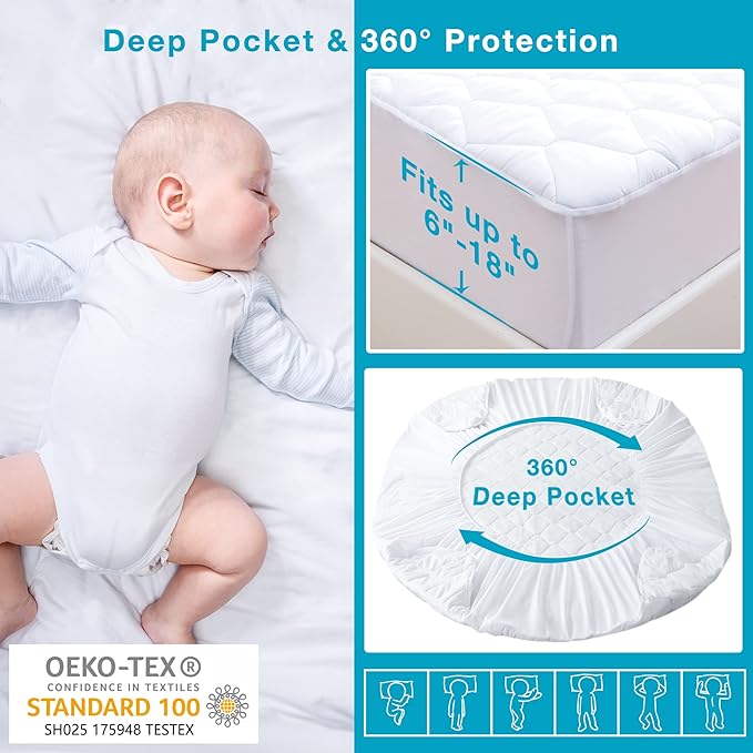 Lunsing Soft Queen Waterproof Mattress Protector, Breathable Queen Size Mattress Pad Cover, 6-18 Inches Deep Pocket, White